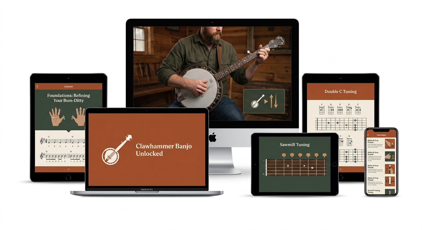 Clawhammer Banjo Unlocked shown on laptop, tablet, and phone