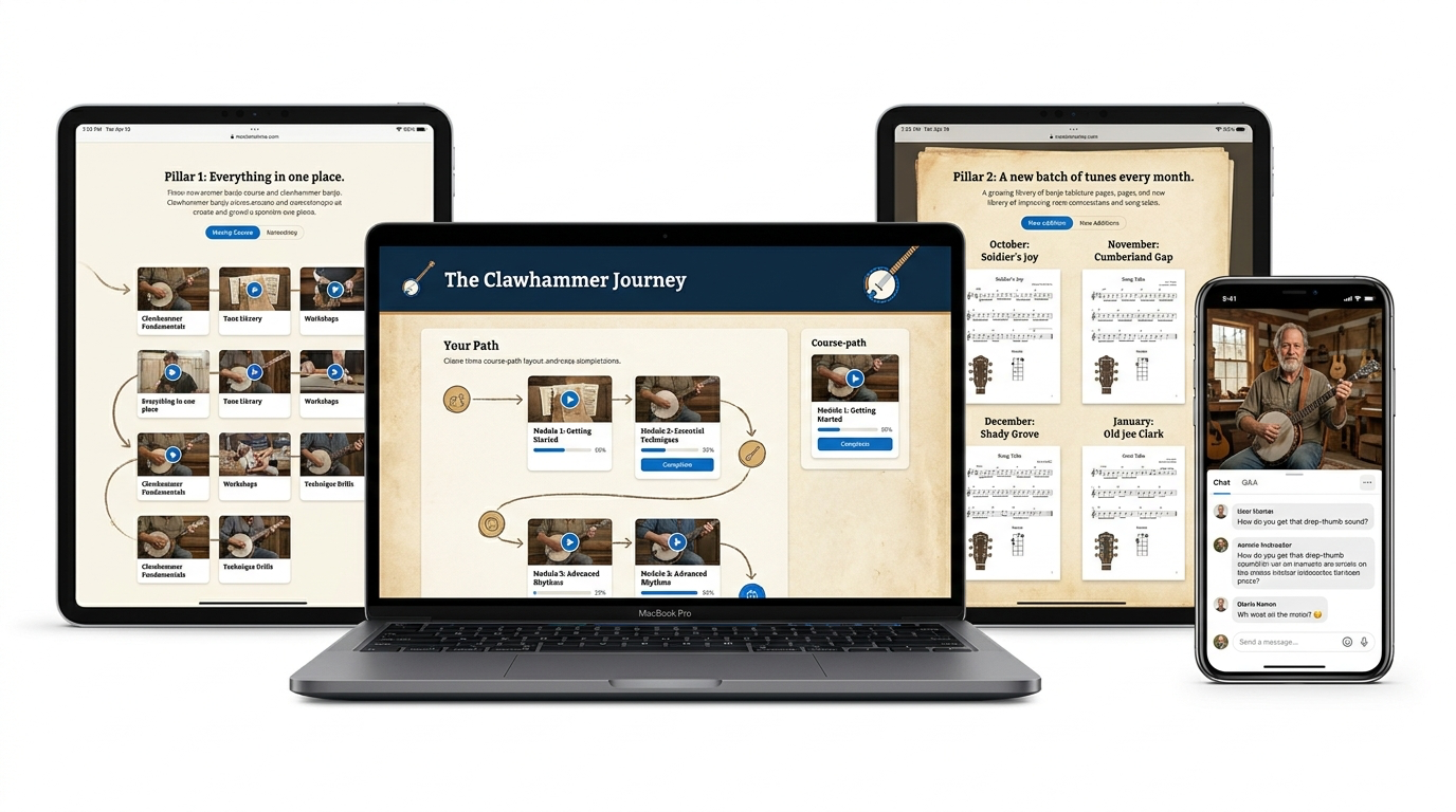 The Clawhammer Journey membership shown on laptop, tablet, and phone: course path, tab library, and live sessions