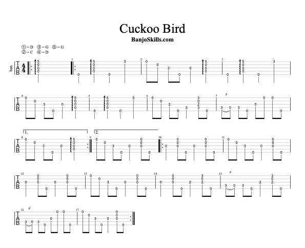 Cuckoo Bird clawhammer banjo tablature