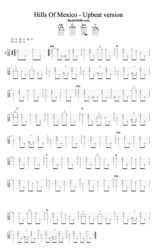 Hills of Mexico clawhammer banjo tablature