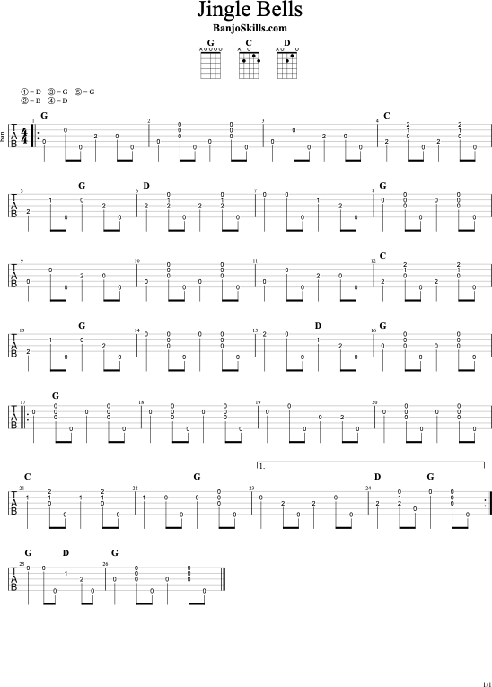 Jingle Bells clawhammer banjo tablature