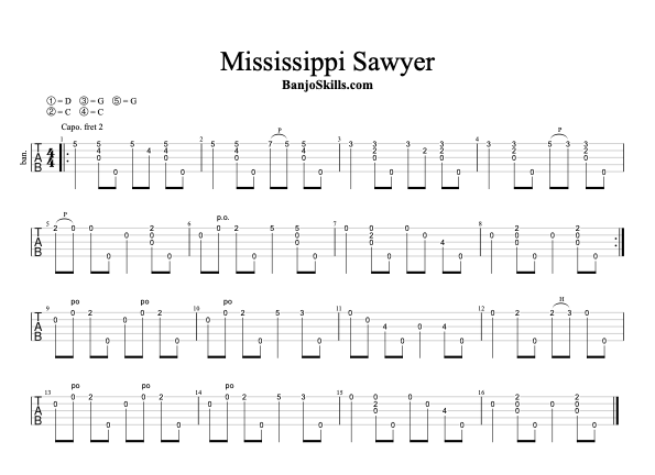 Mississippi Sawyer clawhammer banjo tablature