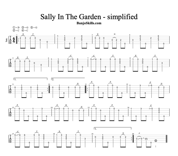Sally in the Garden clawhammer banjo tablature